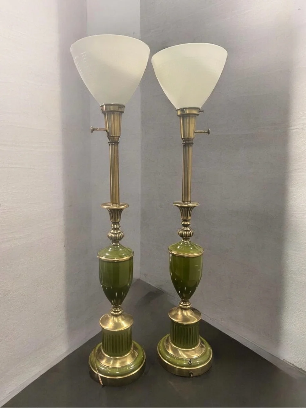 2 Vintage 1950s Rembrandt Brass & Green Enamel Hollywood Regency Table Lamps.
